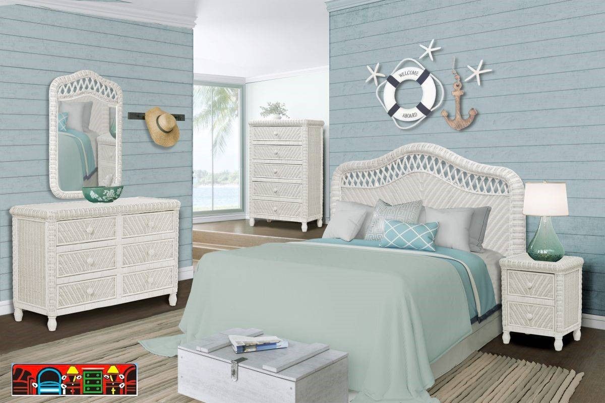 The Santa Cruz white wicker bedroom set is available at Bratz Consignment Furniture Warehouse in Fort Myers, FL.