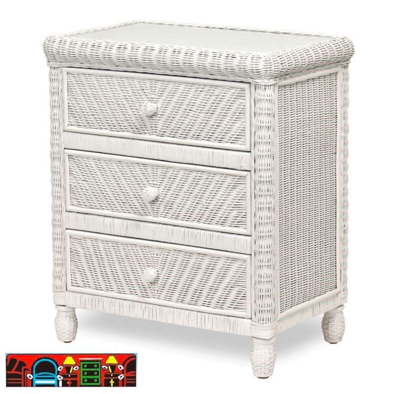 The Santa Cruz white wicker bedroom 3 drawer chest is available at Bratz Consignment Furniture Warehouse in Fort Myers, FL.