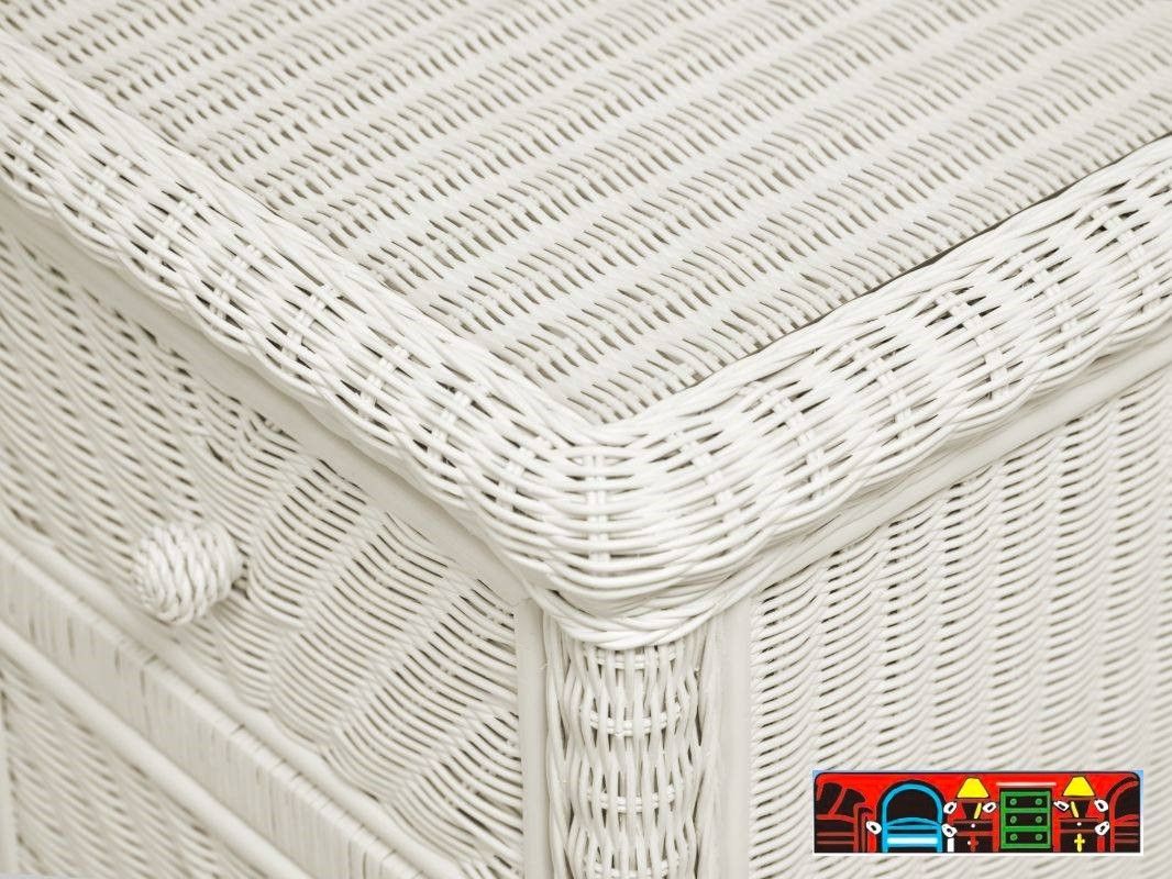 The Santa Cruz white wicker bedroom nightstand is available at Bratz Consignment Furniture Warehouse in Fort Myers, FL. (close-up).