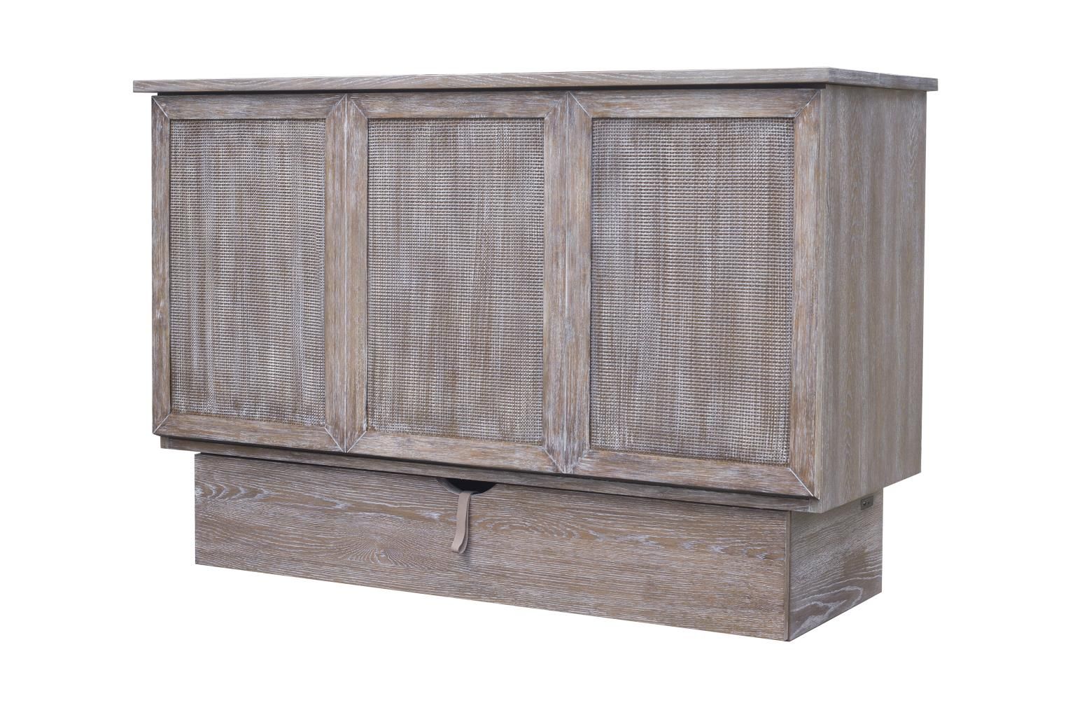 Cabinet bed with a wire brush finish with faux woven front panels & large drawer at the bottom.