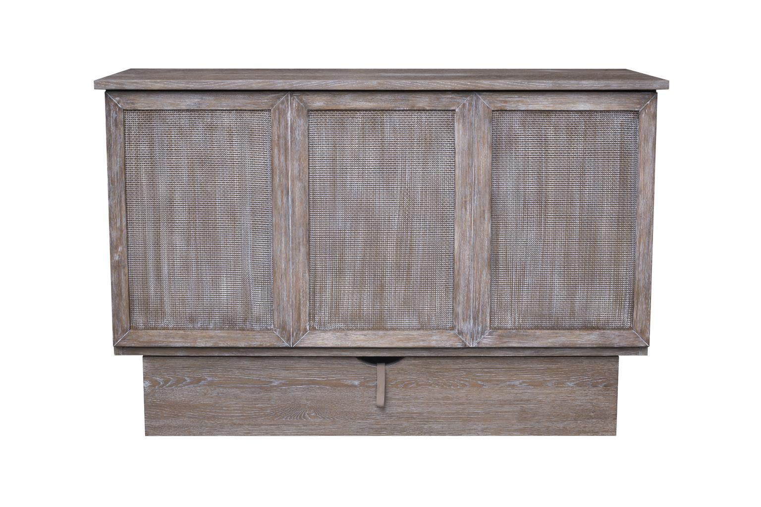 Cabinet bed with a wire brush finish with faux woven front panels & large drawer at the bottom.