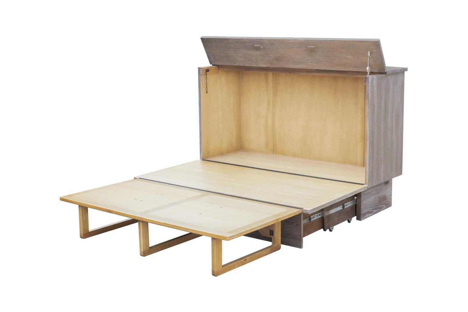 Cabinet bed with a wire brush finish with faux woven front panels & large drawer at the bottom. Displayed open without the mattress.