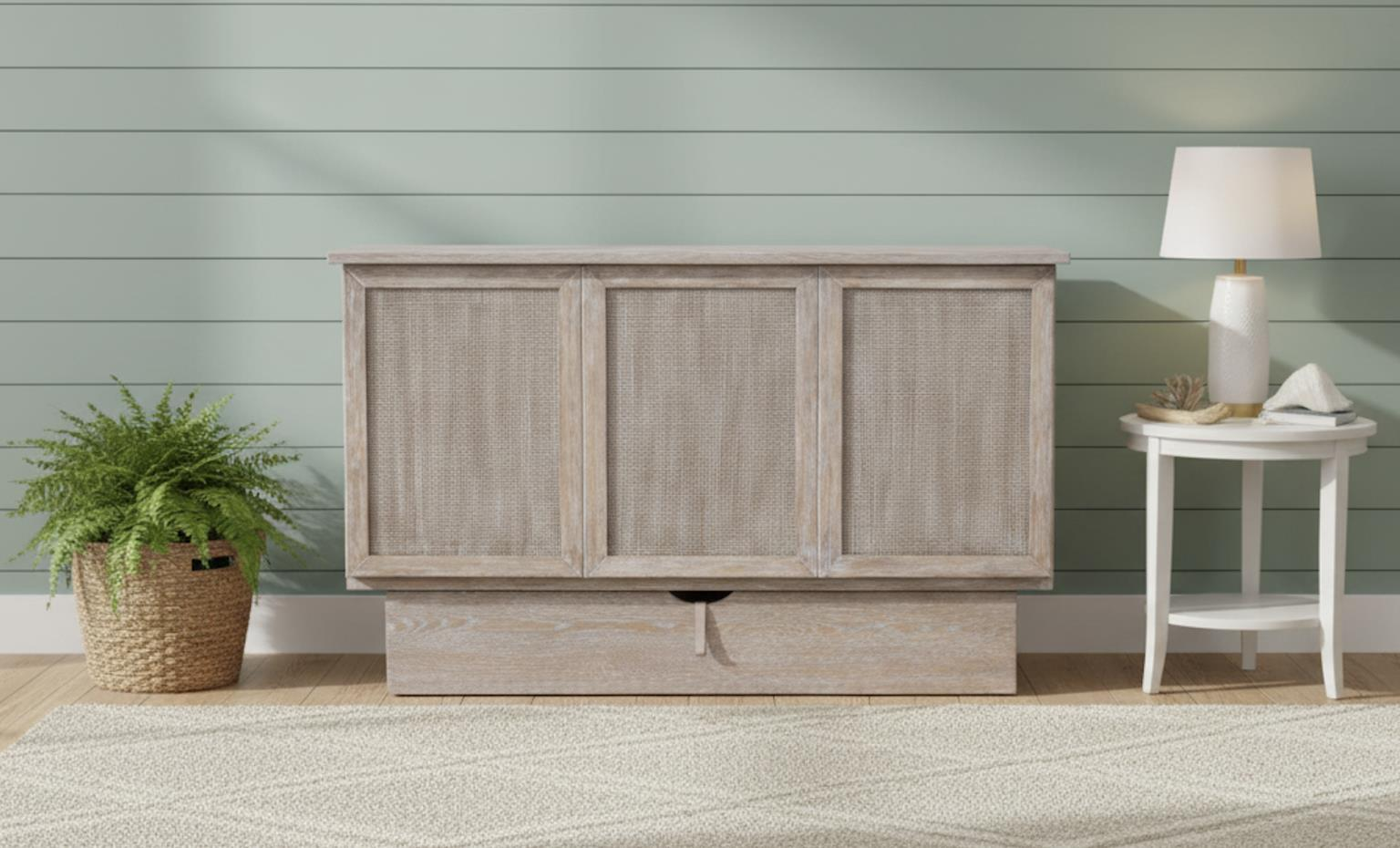 Cabinet bed with a wire brush finish with faux woven front panels & large drawer at the bottom.