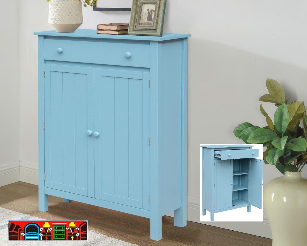 The Seascape Cabinet, crafted from wood and finished in blue, features one drawer, two doors, and two shelves. It is available at Bratz-CFW in Fort Myers, FL.