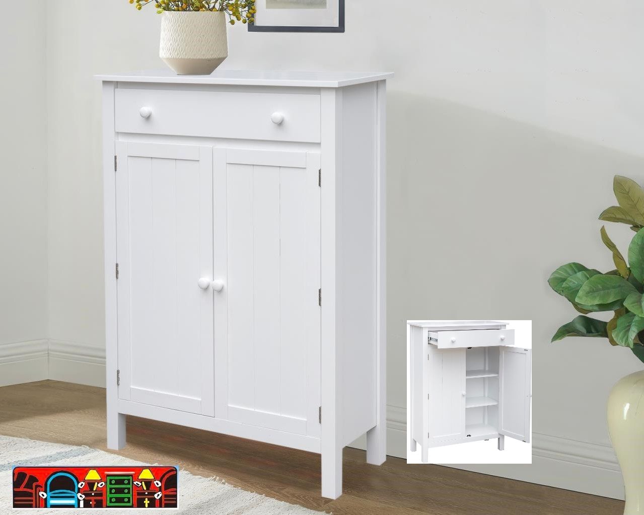 The Seascape Cabinet, crafted from wood and finished in white, features one drawer, two doors, and two shelves. It is available at Bratz-CFW in Fort Myers, FL.