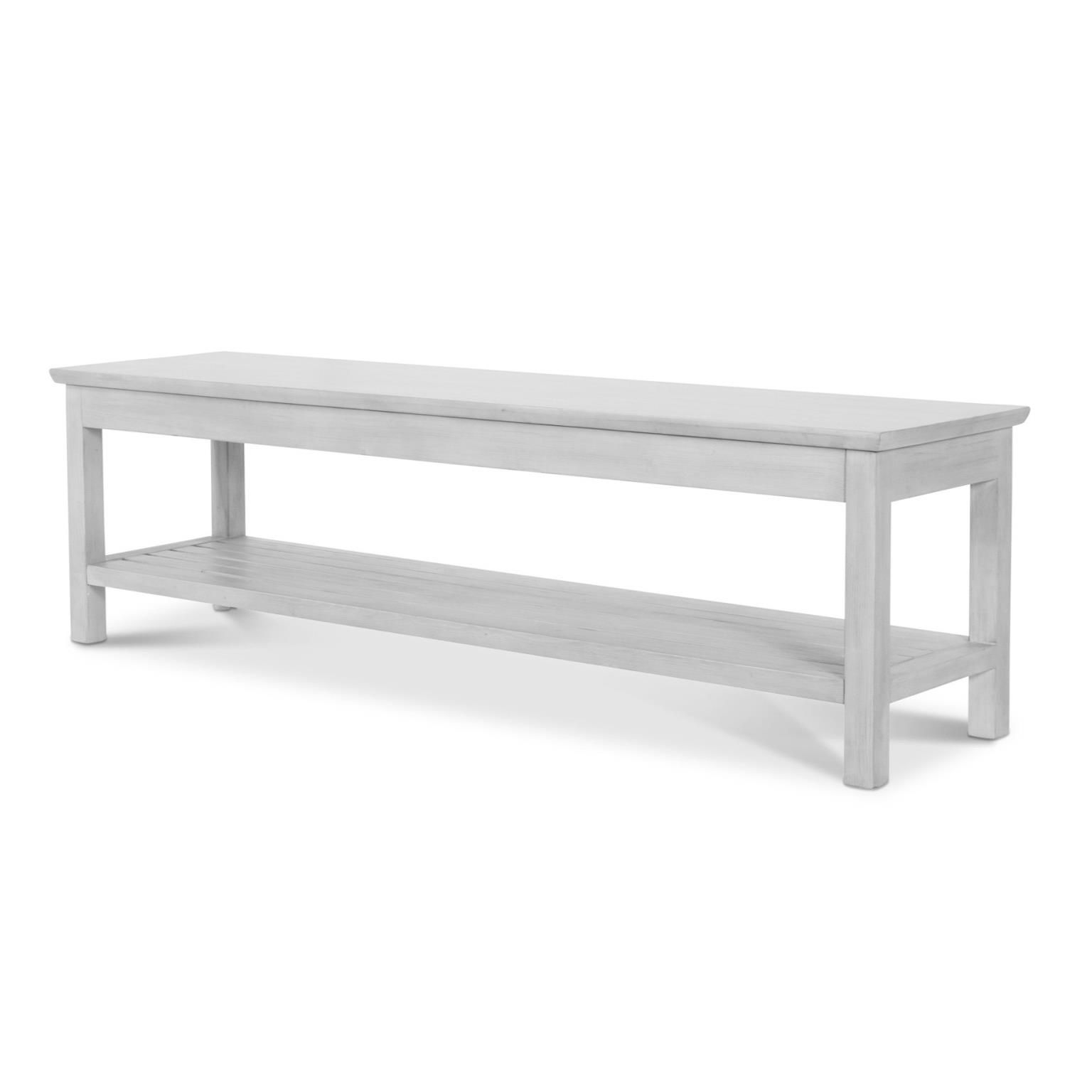 distressed white bench, all wood with bottom shelf