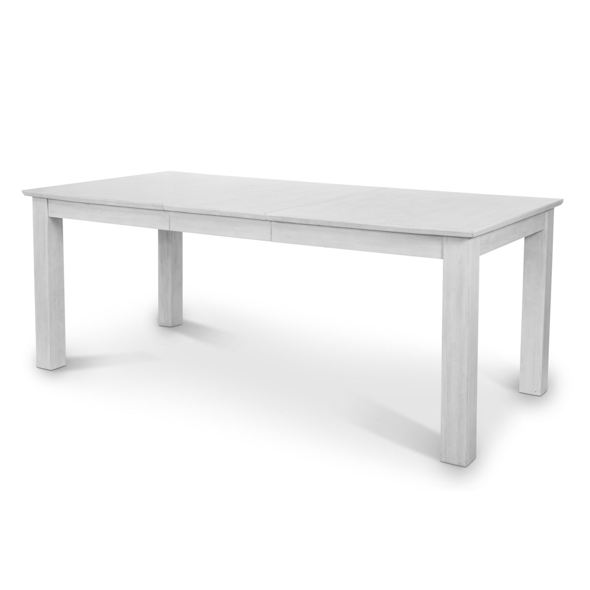 distressed white 4 leg rectangle table with self-storing leaf