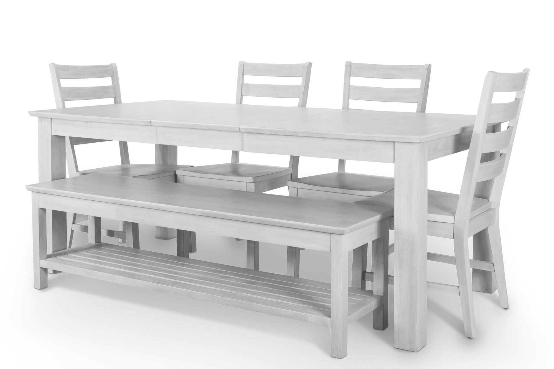 distressed white 4 leg table with leaf, 4 all wood side chairs & bench with bottom shelf