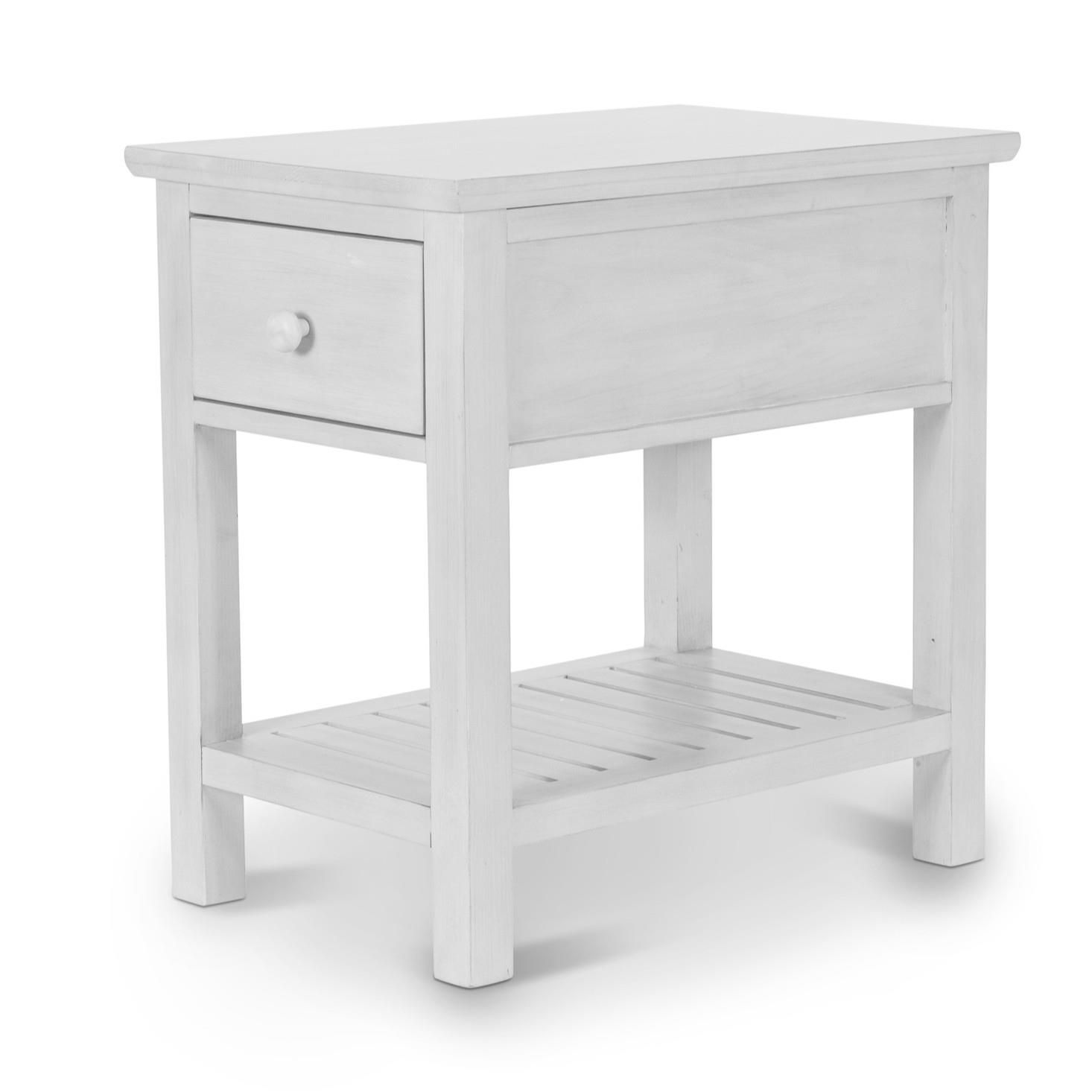 distressed white skinny end table with 1 drawer, round drawer pull & bottom shelf