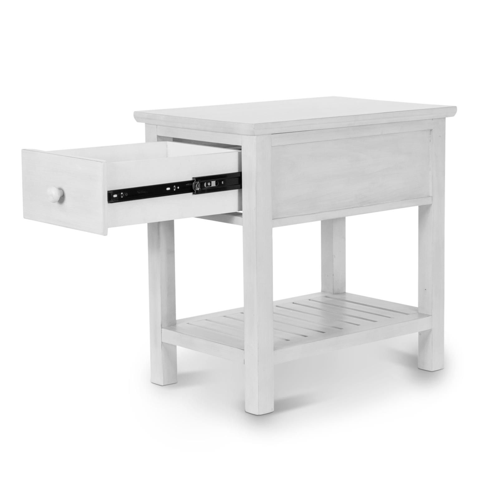 distressed white skinny end table with 1 drawer, round drawer pull & bottom shelf. Drawer opened.