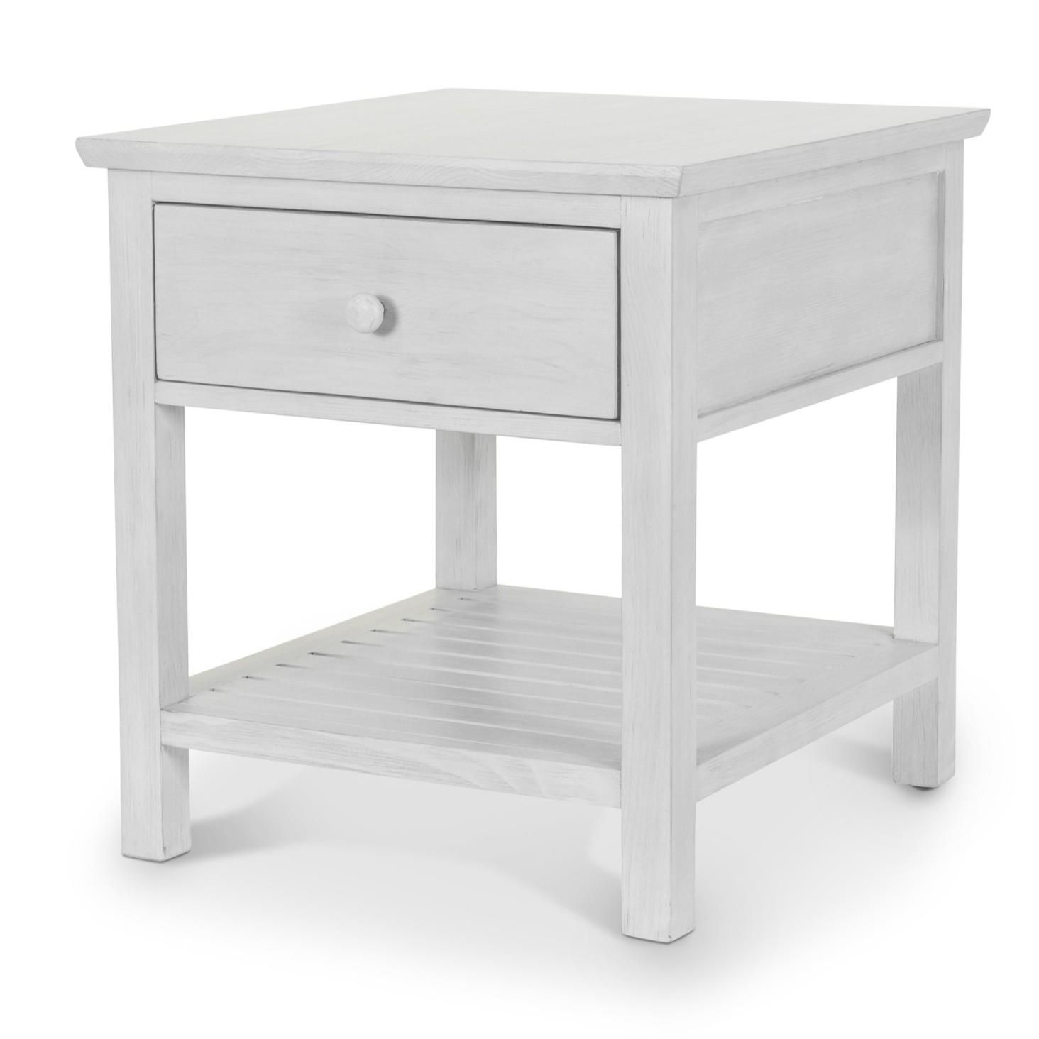 distressed white end table with 1 drawer, round drawer pull & bottom shelf