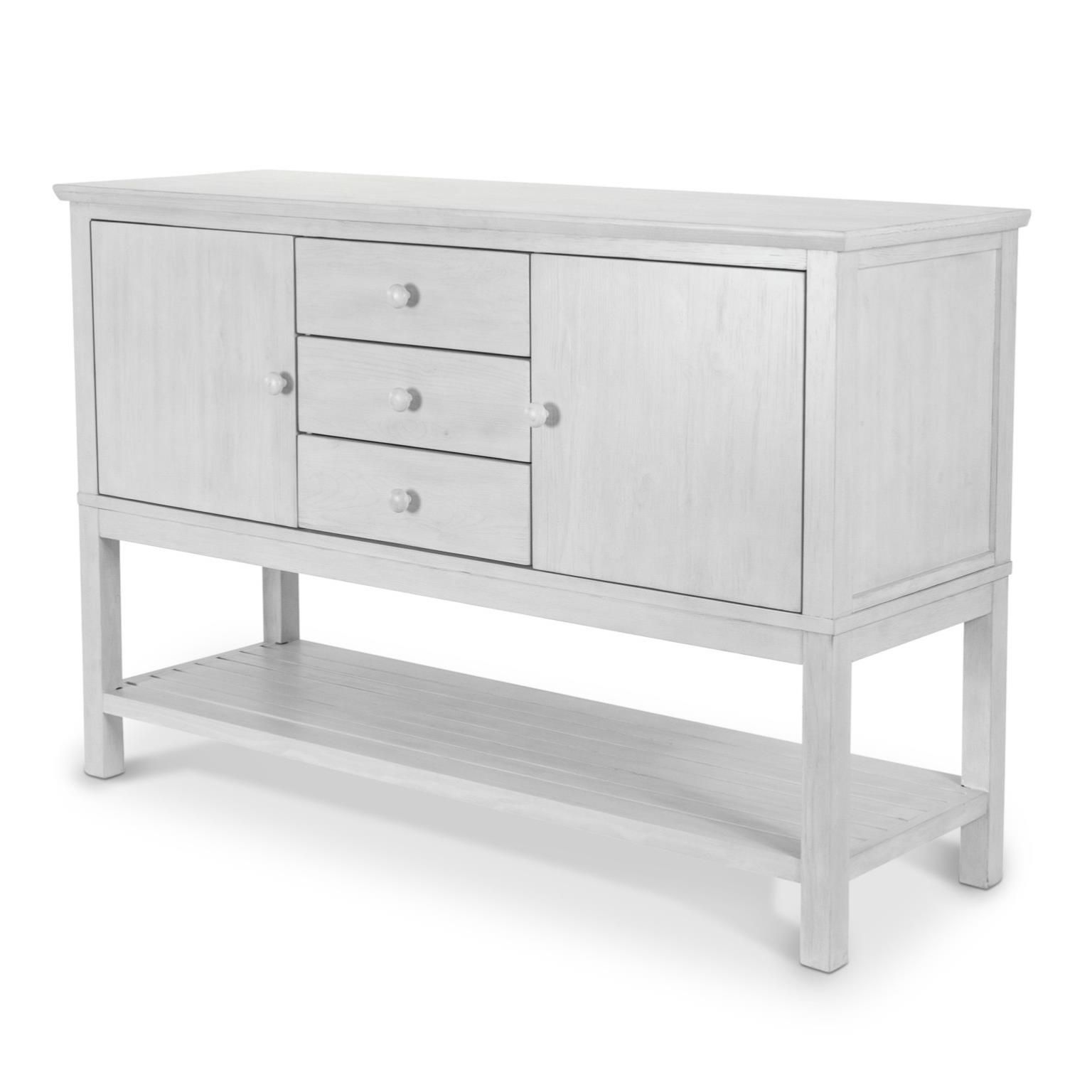 distressed white 3-drawer credenza with 2 doors and bottom shelf. Round knobs.