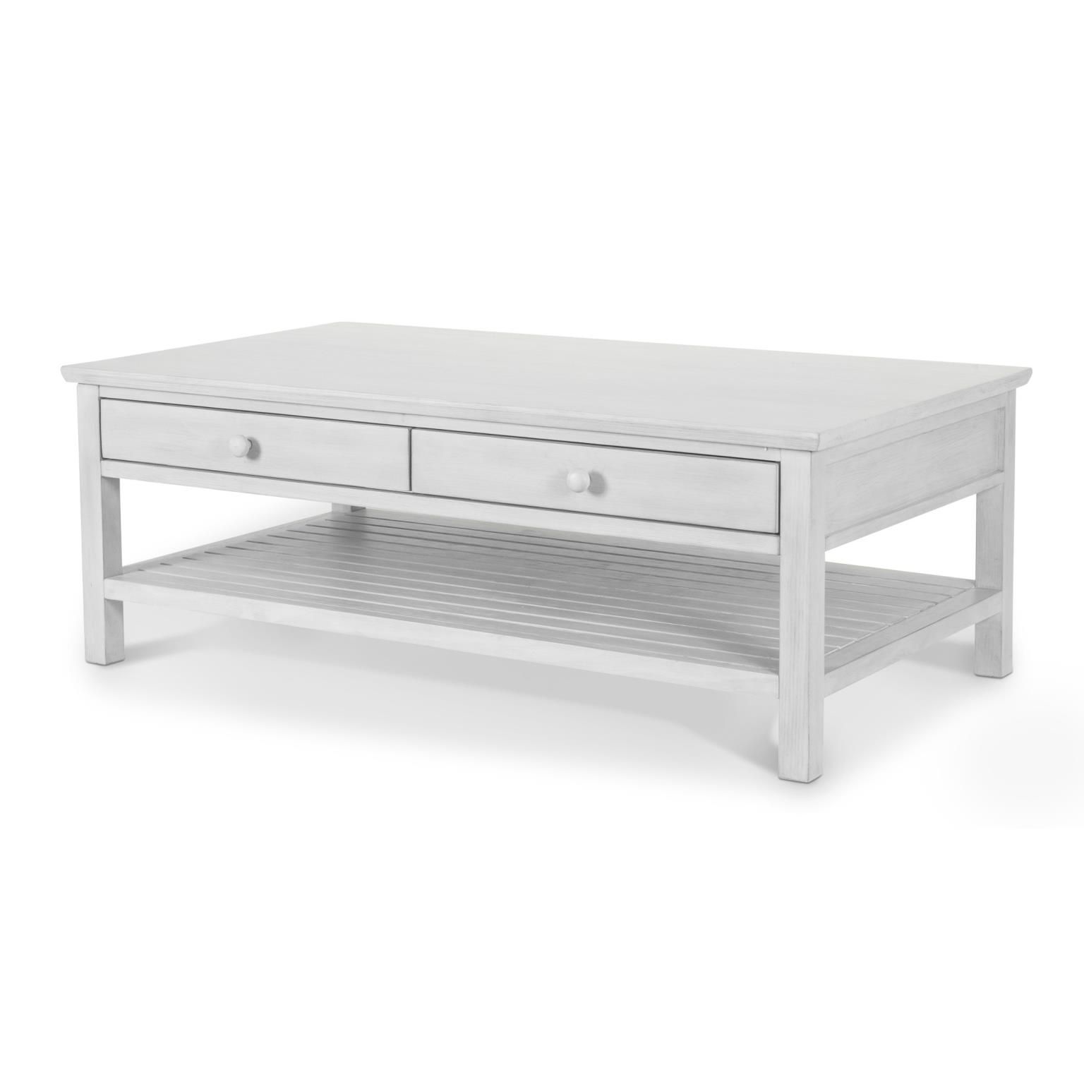 distressed white rectangle cocktail table with 2 drawers, round drawer pulls & bottom shelf