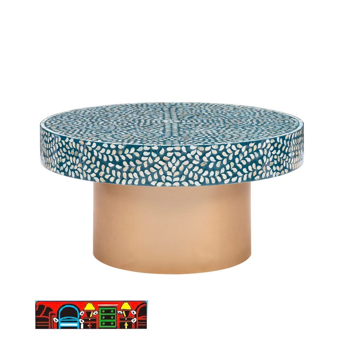 This elegant coffee table features a swirling mosaic of mother of pearl Capiz shells in shades of blue and ivory. Supported by a sturdy golden color drum base that holds the tabletop 18” from the ground.