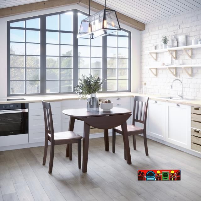 Caramel color small 4-leg wood drop-leaf table with 2 all wood x-back side chairs