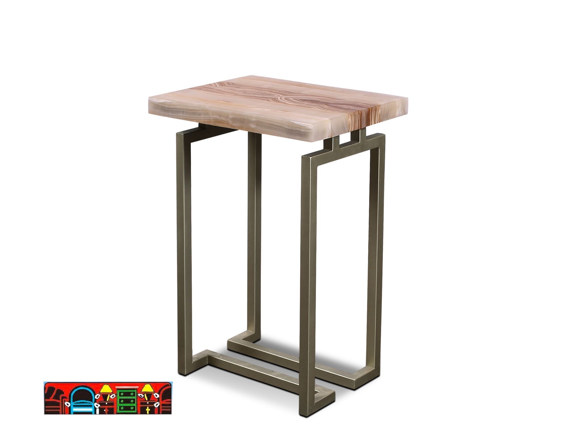 Rectangle chair-side table with Authentic Onyx stone top. Metal base comes with a lacquer finish.