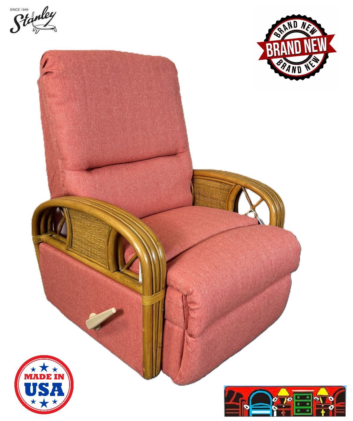 3-way rattan arm recliner with pad-over chaise.
Fabric: Wawa Coral 