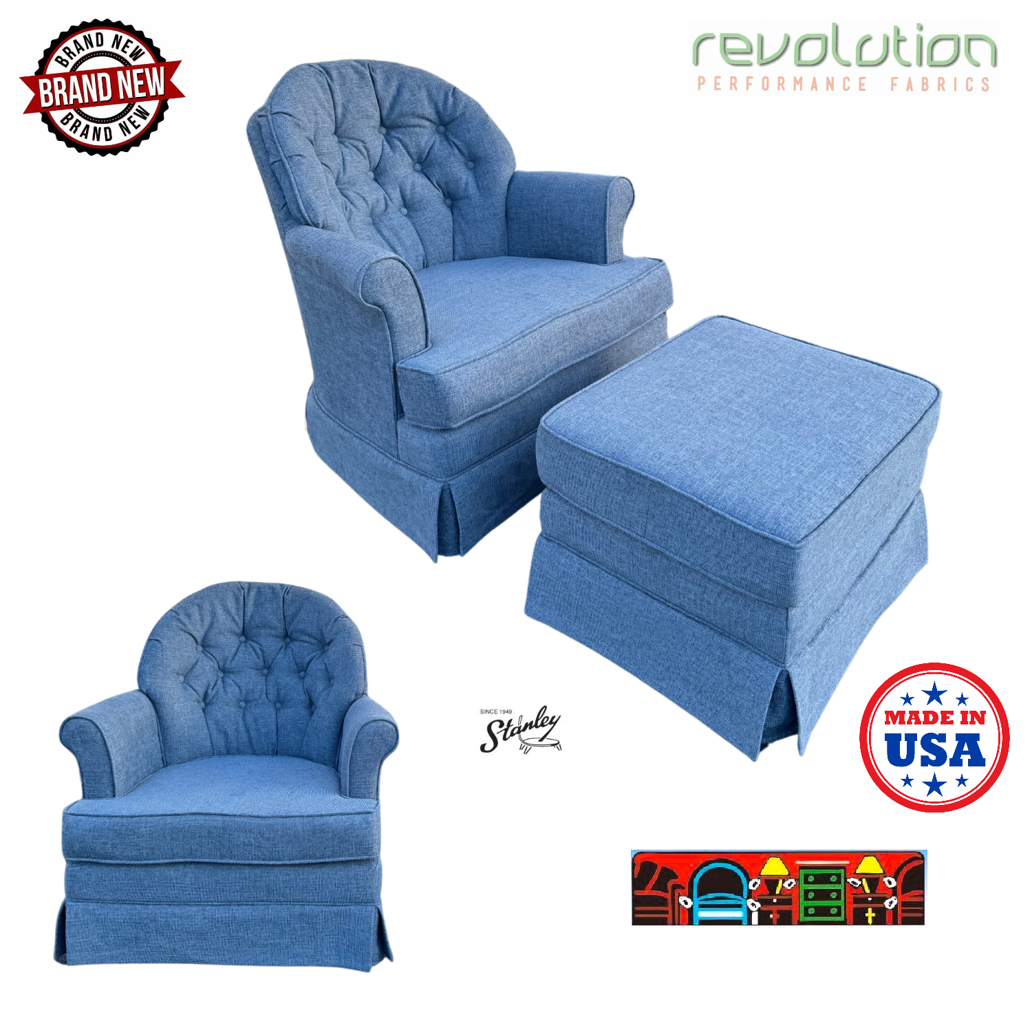 'Blue performance fabric swivel rocker and ottoman with a reversible cushion, tufted back pillow, and skirt. Made in the USA!'