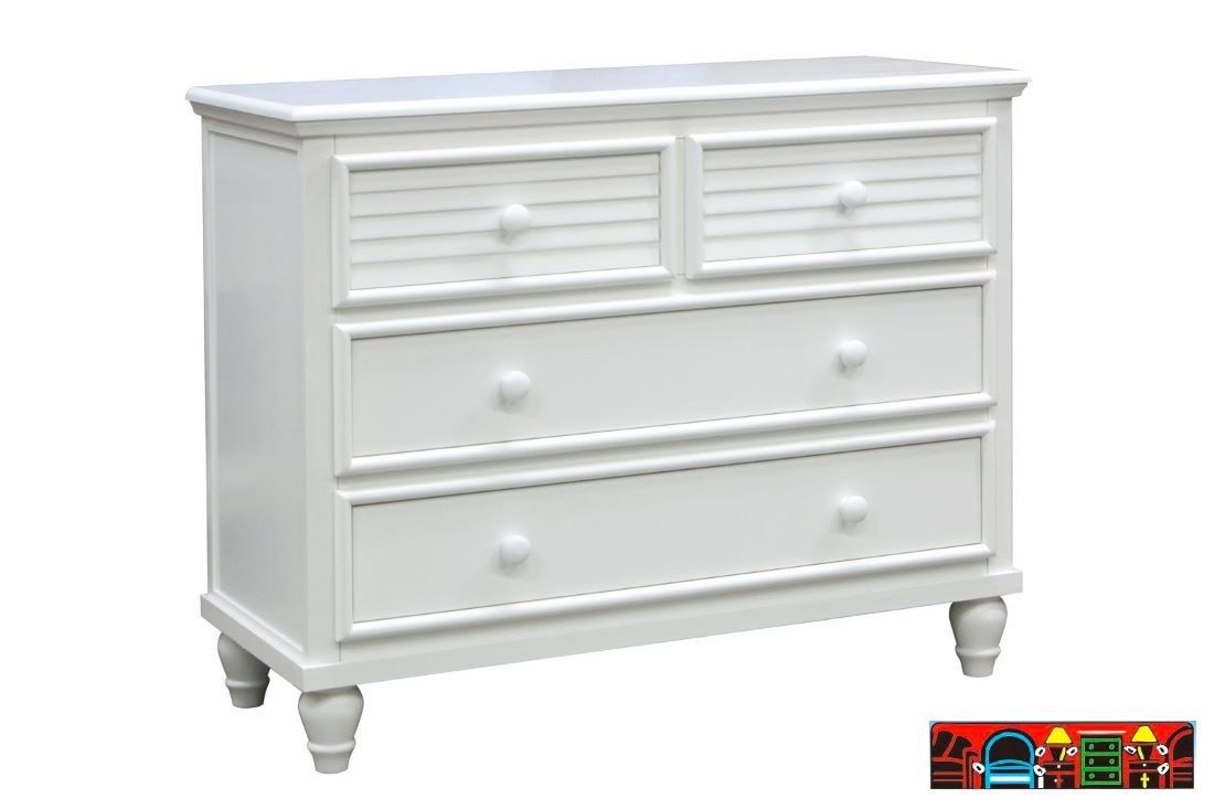 Sunset Split Chest, crafted from solid wood, featuring a white finish, four drawers and louver accents. Available at Bratz-CFW in Fort Myers FL