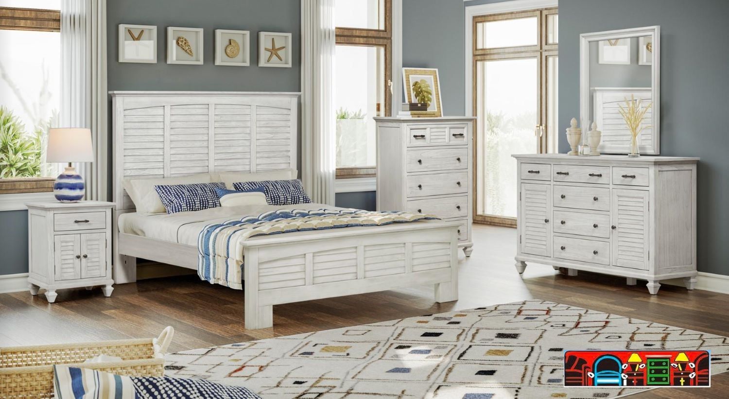 The Surfside bedroom group, featuring weathered white wood with louver accents, is available for sale in Fort Myers, FL, at Bratz-CFW.