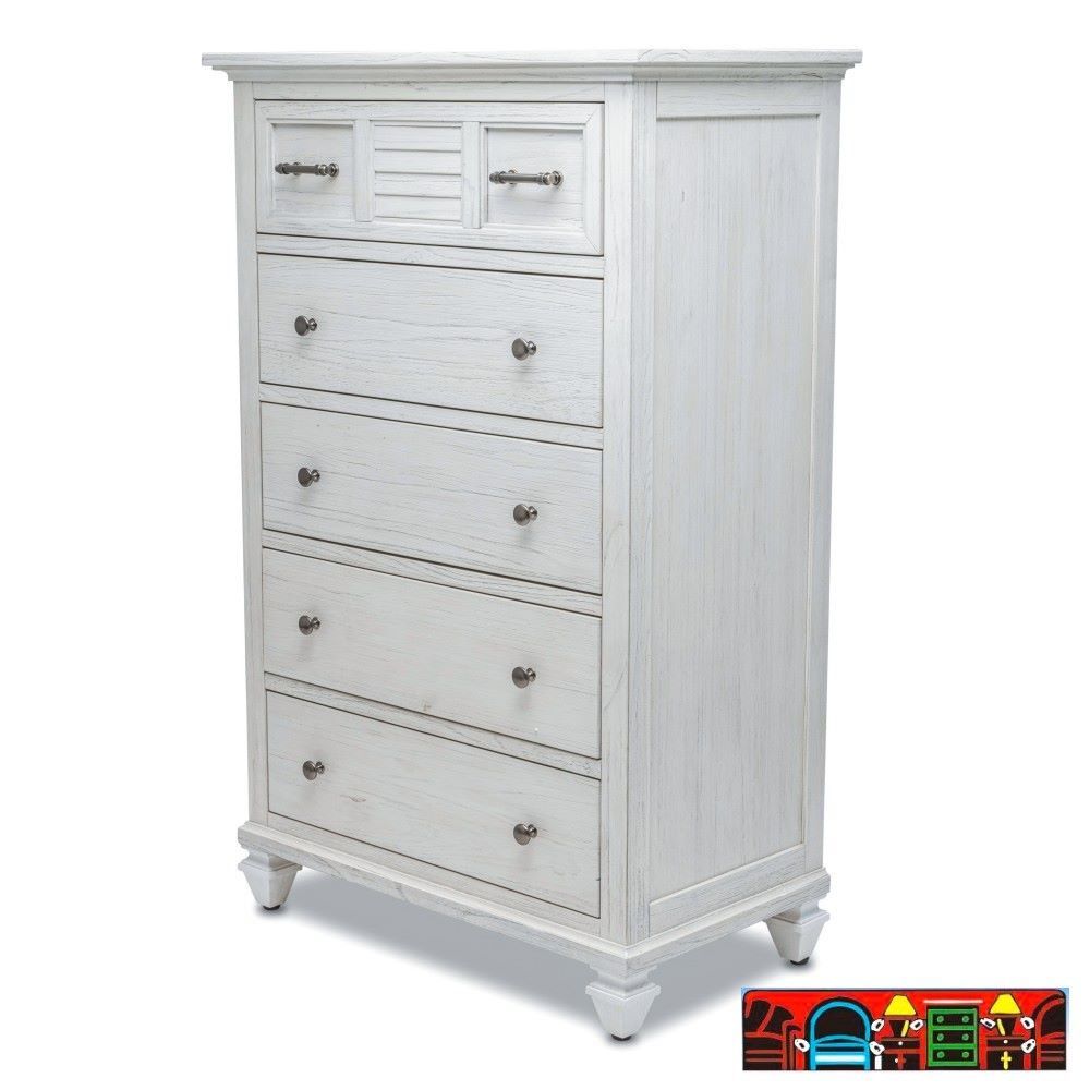The Surfside 5 Drawer Chest, featuring weathered white wood with louver accents, is available for sale in Fort Myers, FL, at Bratz-CFW.