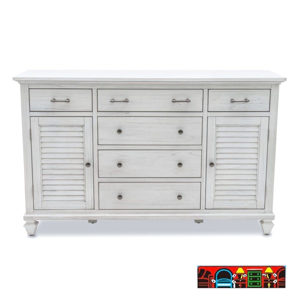 The Surfside Dresser, featuring weathered white wood with louver accents, 6 drawers and 2 doors is available for sale in Fort Myers, FL, at Bratz-CFW.
