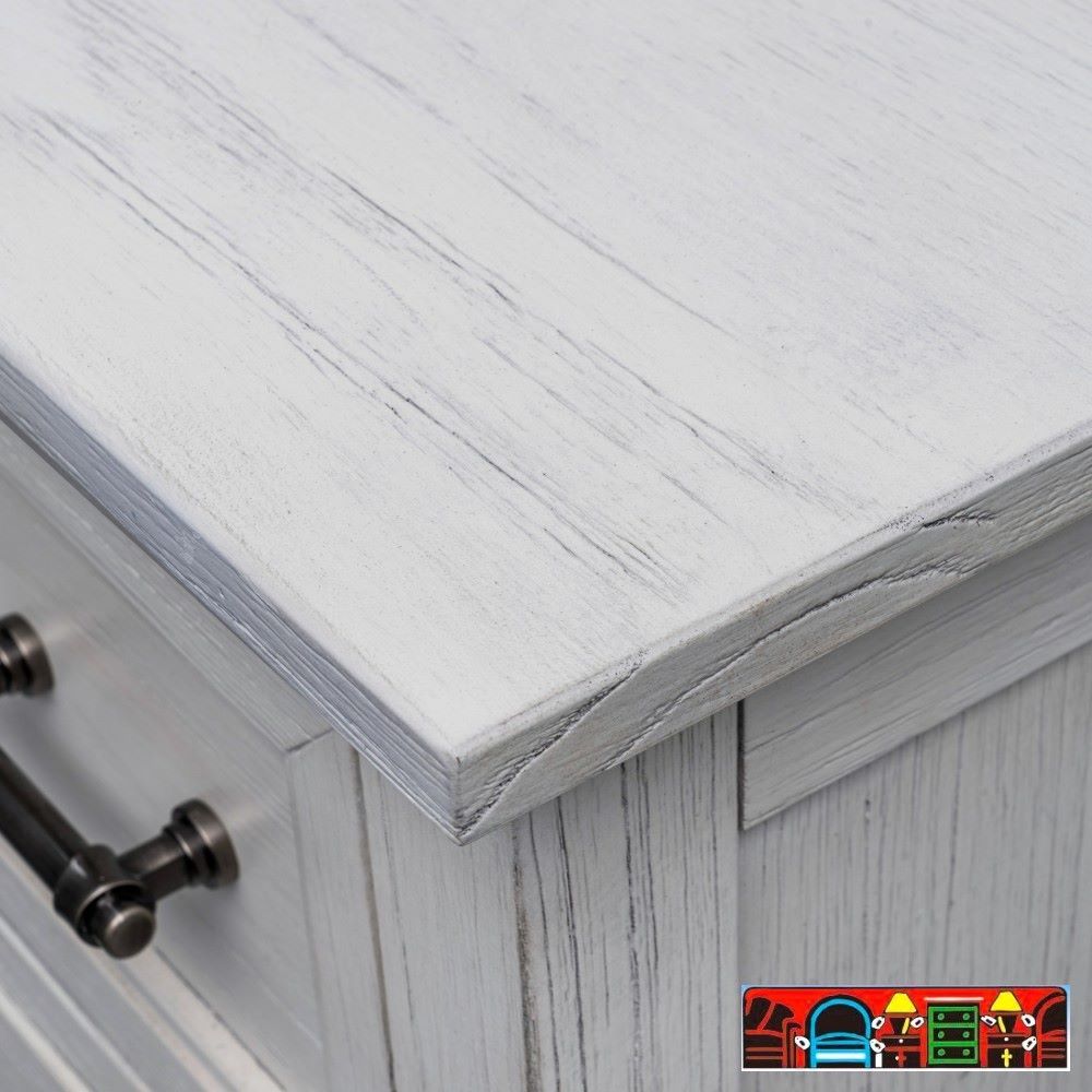 The Surfside Dresser, featuring weathered white wood with louver accents, is available for sale in Fort Myers, FL, at Bratz-CFW. Close-up detail.