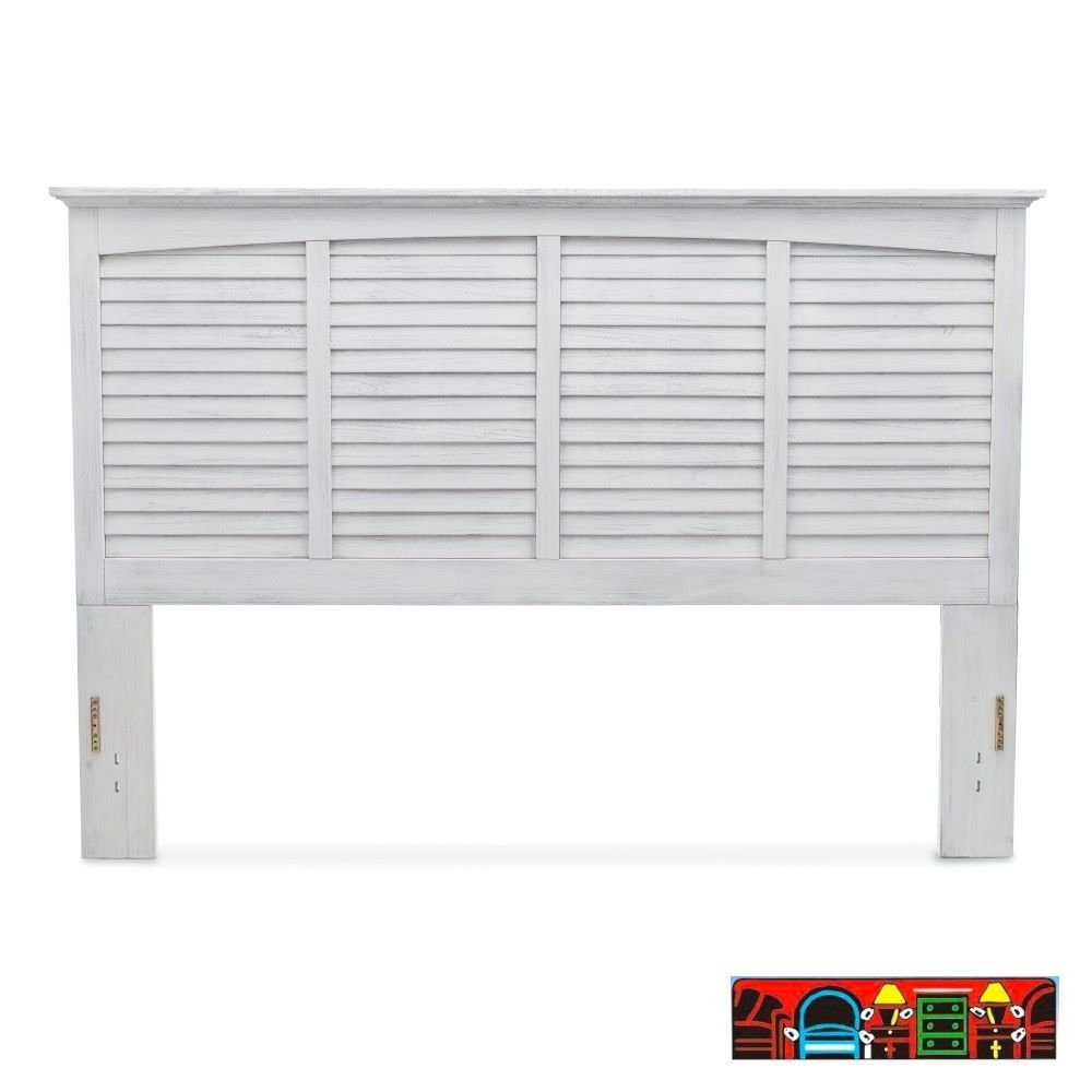 The Surfside King Headboard, featuring weathered white wood with louver accents, is available for sale in Fort Myers, FL, at Bratz-CFW.