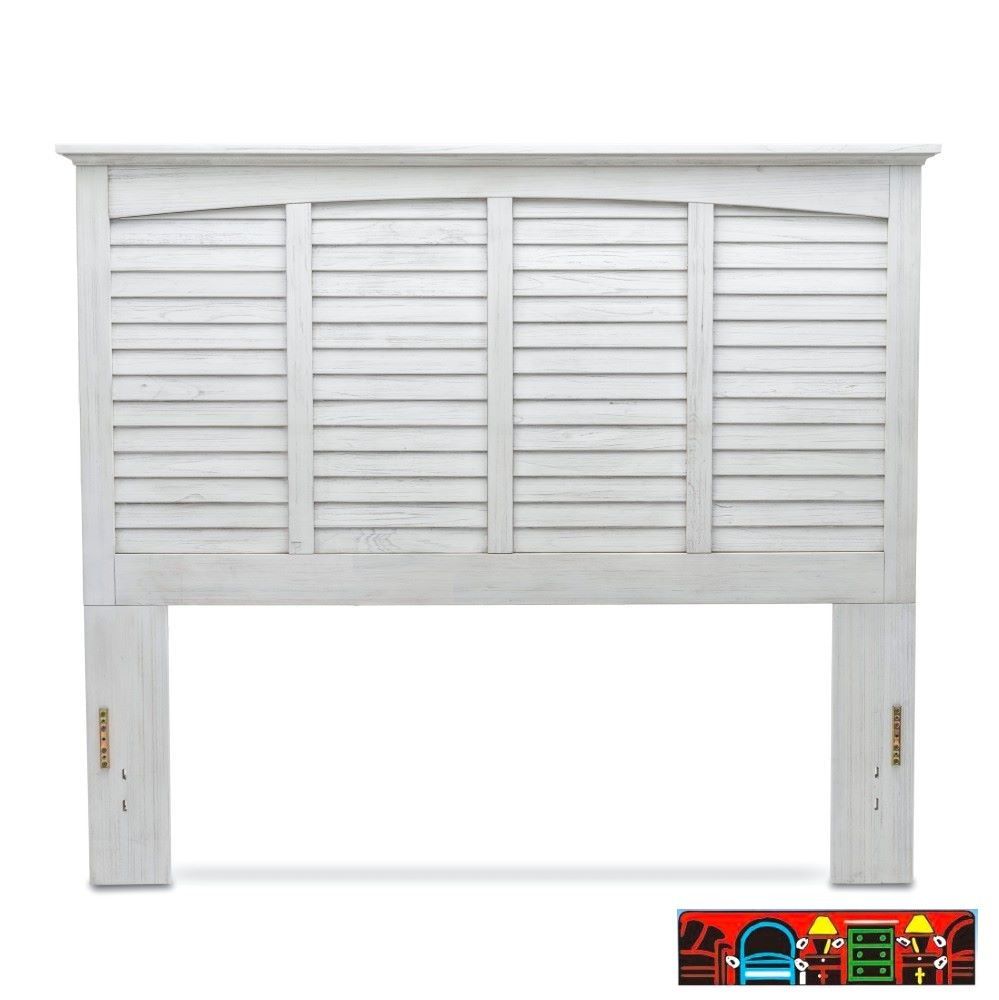 The Surfside Queen Headboard, featuring weathered white wood with louver accents, is available for sale in Fort Myers, FL, at Bratz-CFW.