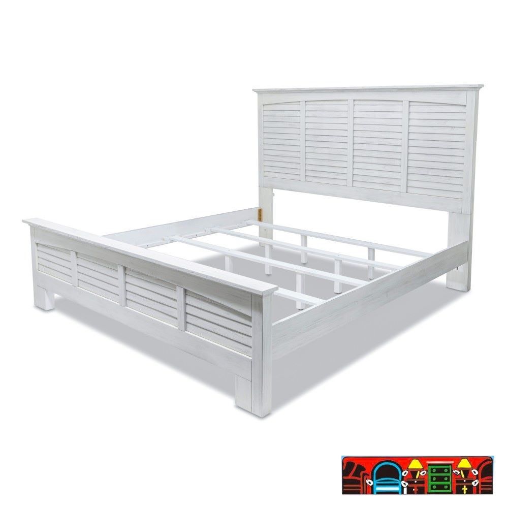 The Surfside King Bed, featuring weathered white wood with louver accents, is available for sale in Fort Myers, FL, at Bratz-CFW.