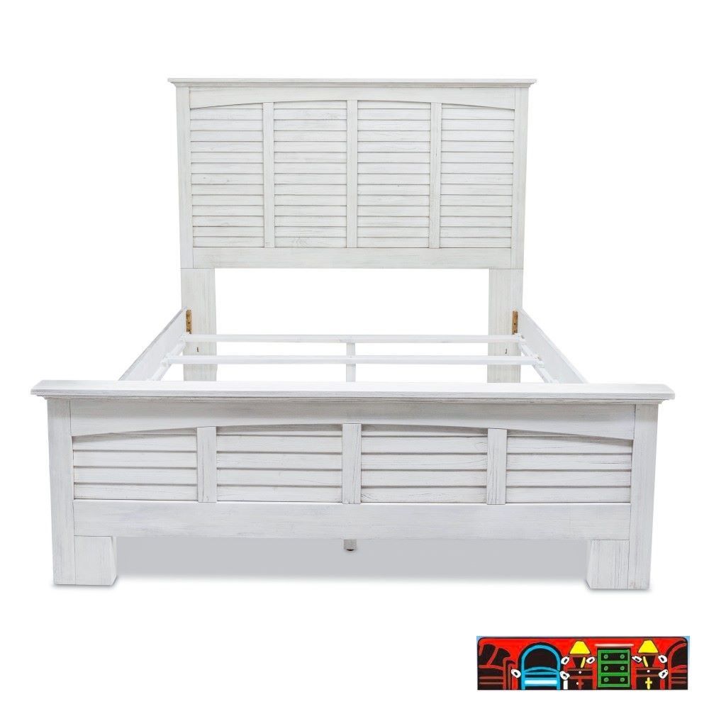 The Surfside Queen Bed, featuring weathered white wood with louver accents, is available for sale in Fort Myers, FL, at Bratz-CFW.