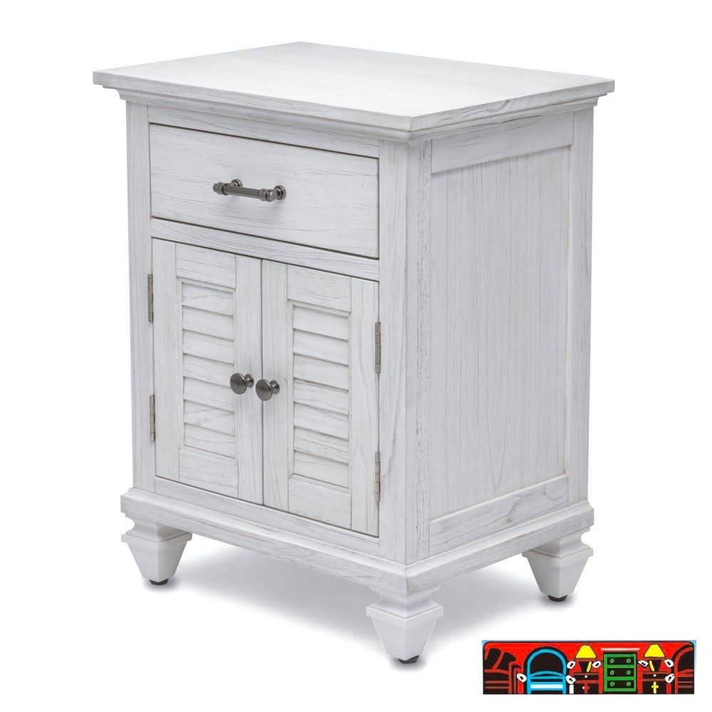 The Surfside Nightstand, featuring weathered white wood with louver accents, is available for sale in Fort Myers, FL, at Bratz-CFW.