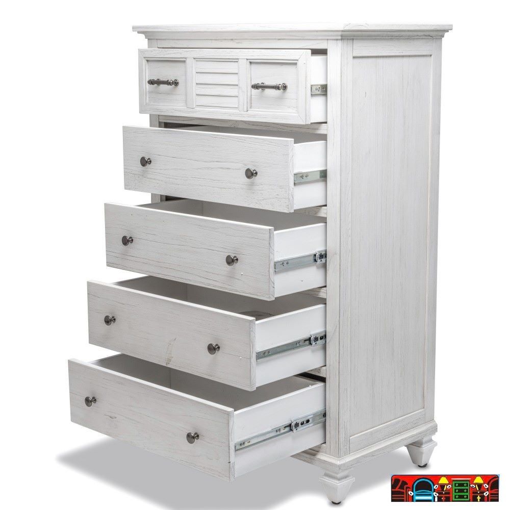 The Surfside 5 Drawer Chest, featuring weathered white wood with louver accents, is available for sale in Fort Myers, FL, at Bratz-CFW. With the drawers open.