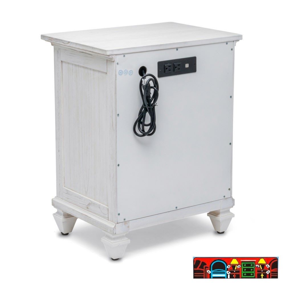 The Surfside Nightstand, featuring weathered white wood with louver accents and power supply, is available for sale in Fort Myers, FL, at Bratz-CFW.