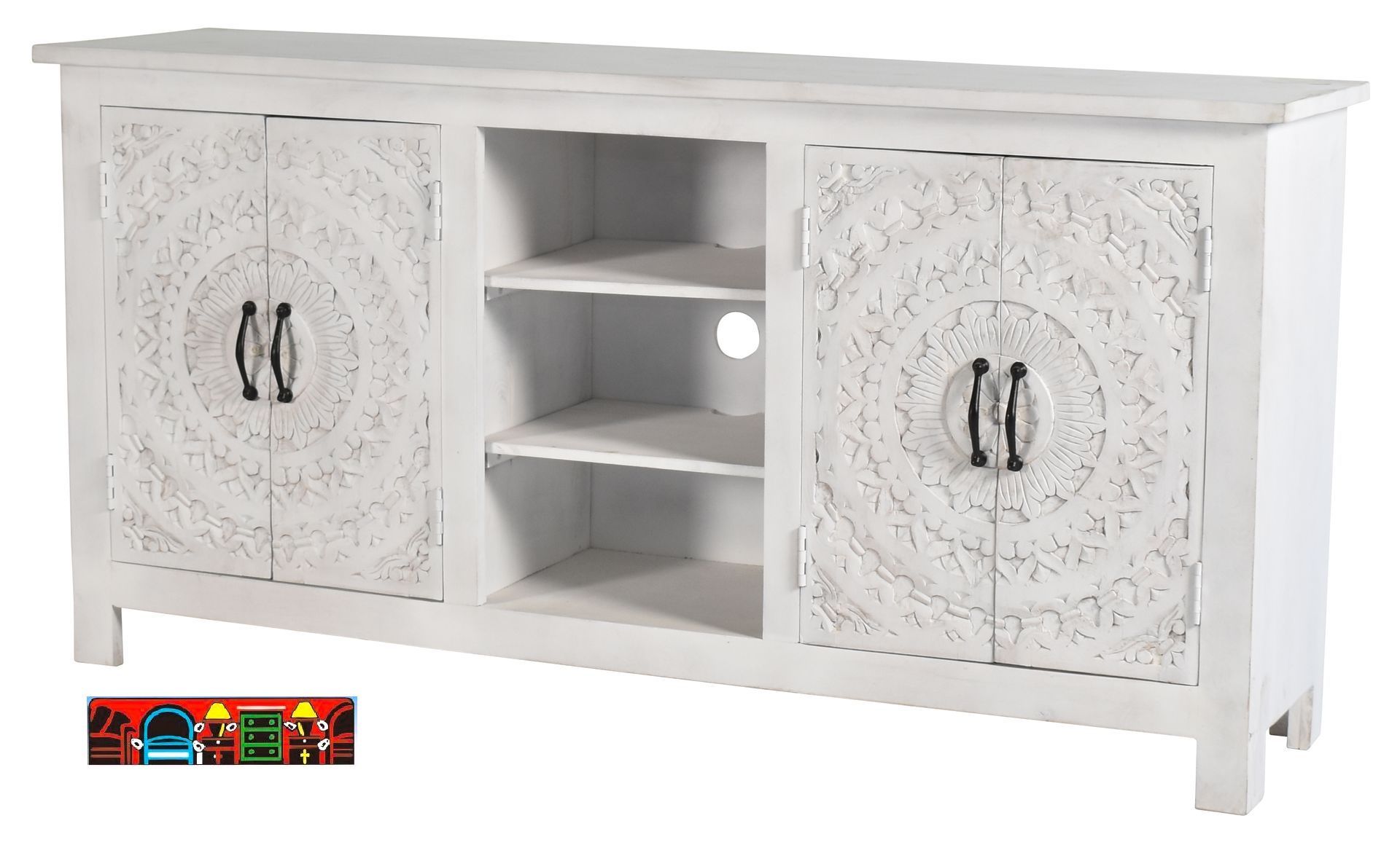 This entertainment console has a white finish and features two doors with carved details on the sides. The doors have iron handles and hinges for a rustic look. In the center, there are three shelves stacked vertically for storing media devices and accessories.
