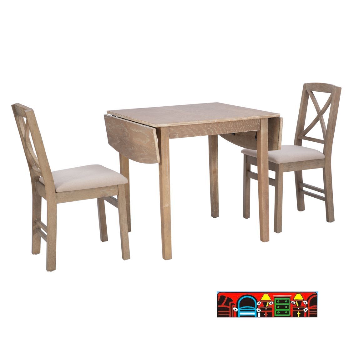 White wash wood drop-leaf table with 2 side chairs with beige upholstered seats