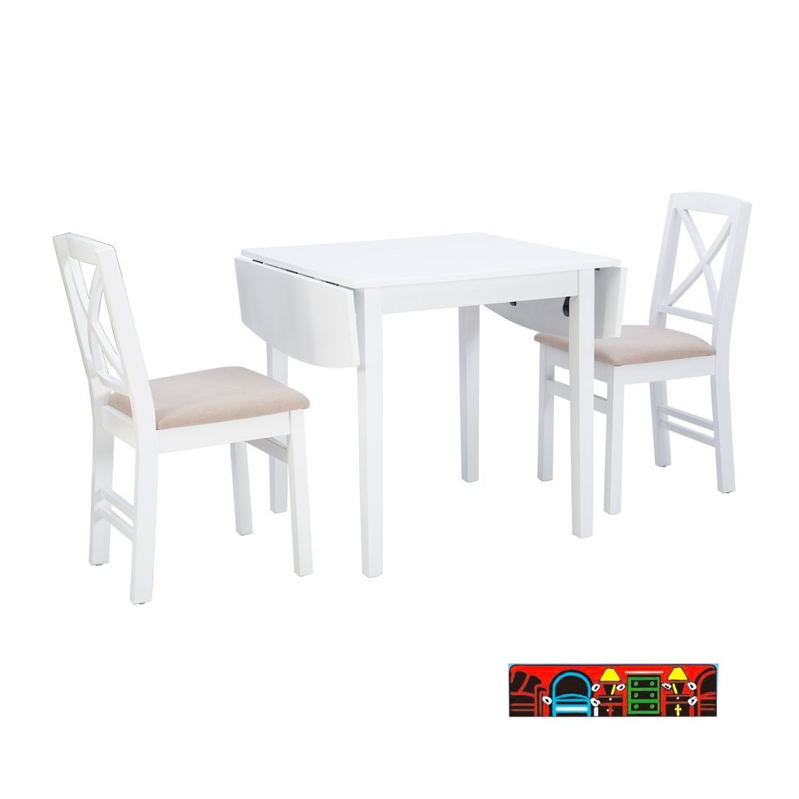 White wooden drop-leaf table accompanied by two side chairs featuring beige upholstered seats.