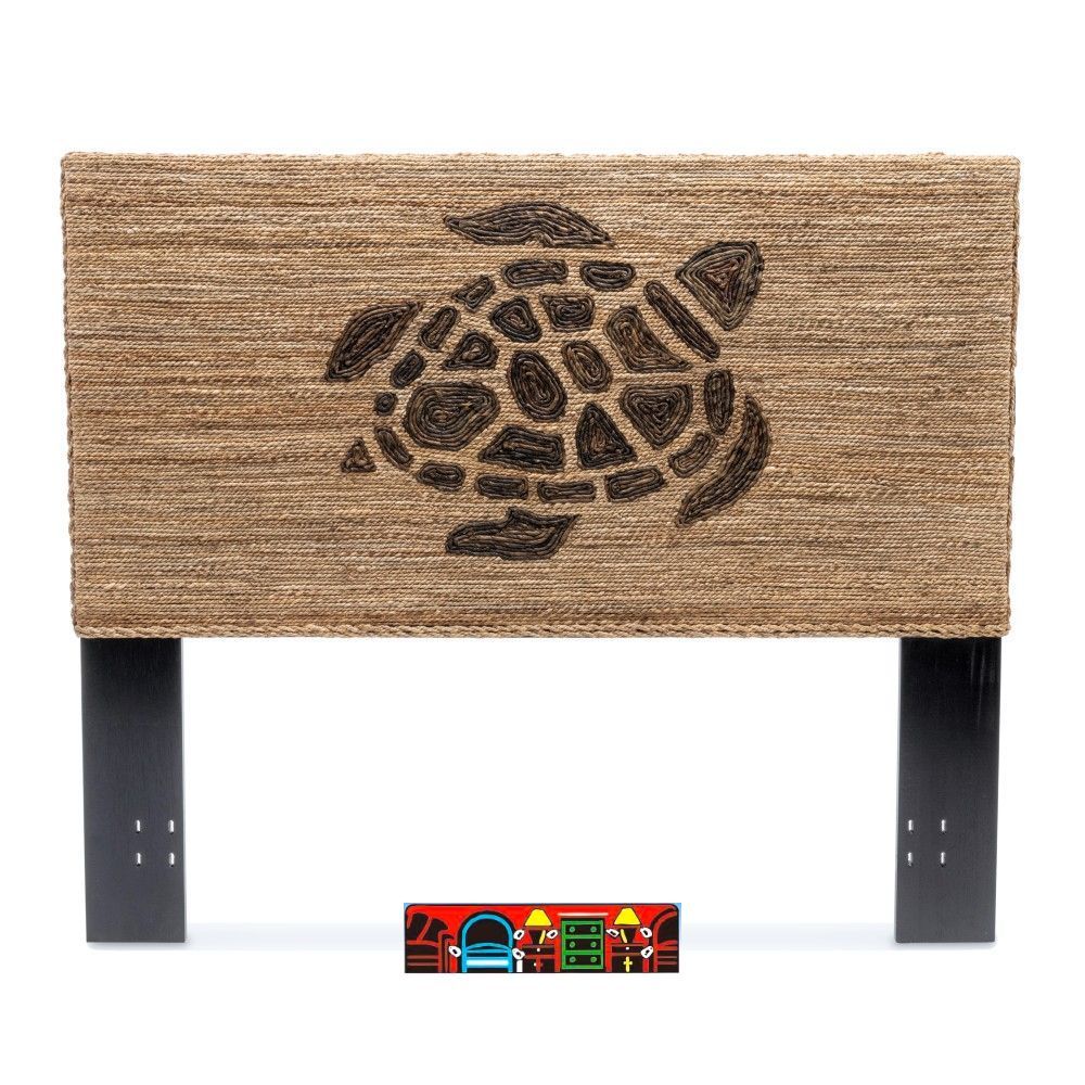 Queen headboard, handcrafted, featuring natural materials and colors, adorned with a contrasting turtle design.