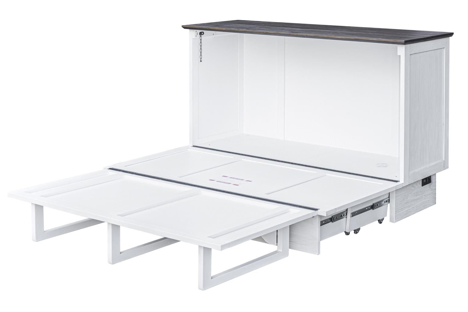 Distressed white cabinet bed with dark brown top and louver front panel, large drawer at the bottom. Displayed open without the mattress.