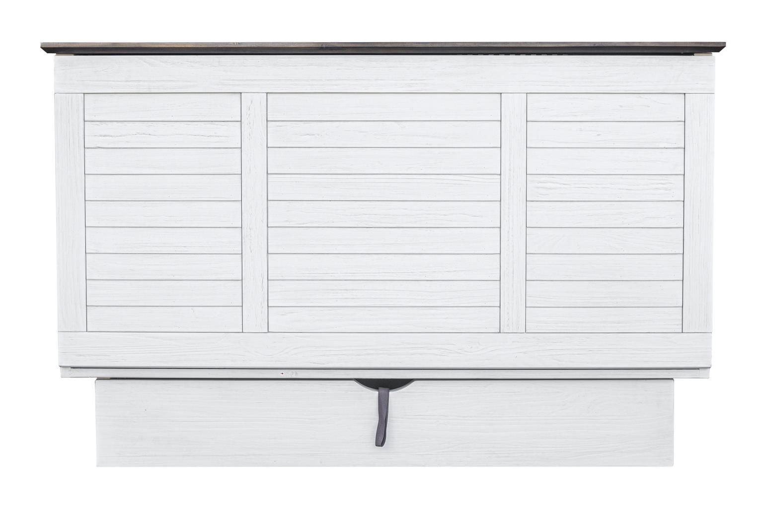 Distressed white cabinet bed with dark brown top and louver front panel, large drawer at the bottom. Front view.