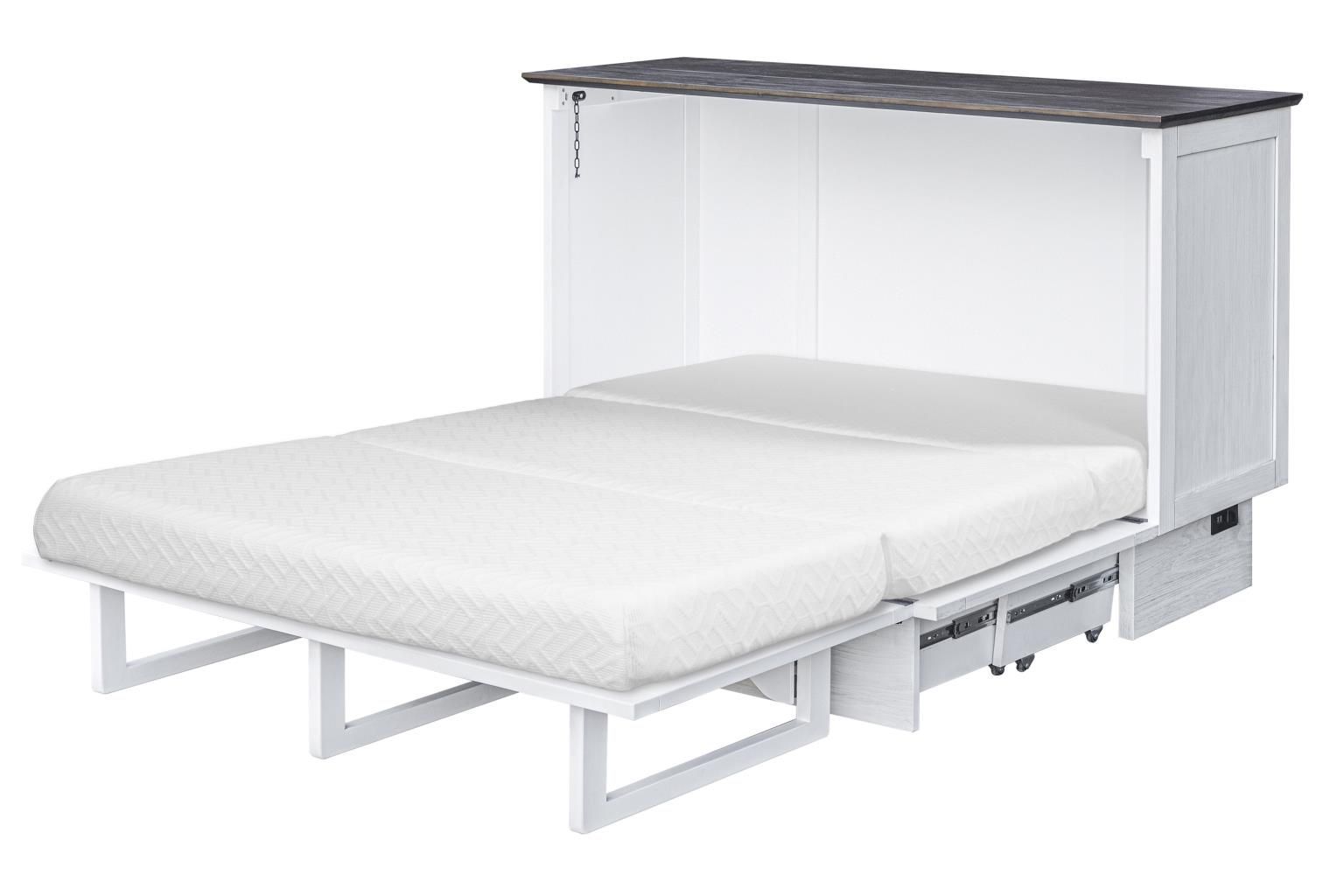 Distressed white cabinet bed with dark brown top and louver front panel, large drawer at the bottom. Displayed open with the mattress.