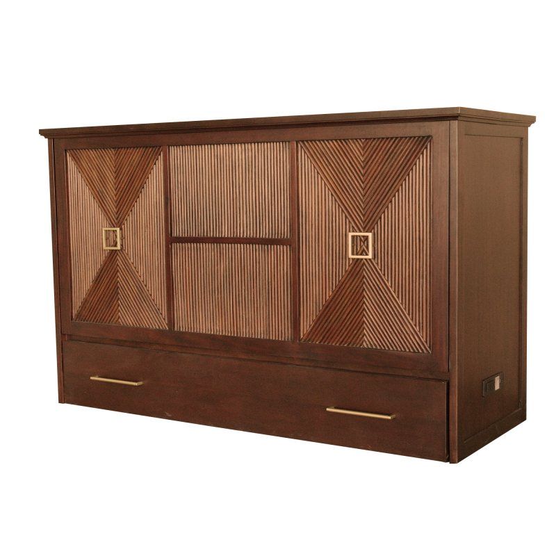 Dark brown, sienna finish wood cabinet bed with pencil rattan front panels, iron hardware and storage drawer on the bottom. Corner angle showing the power supply on the side panel.