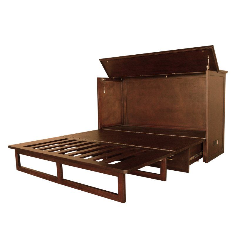 Dark brown, sienna finish wood cabinet bed with pencil rattan front panels, iron hardware and storage drawer on the bottom. Completely open.