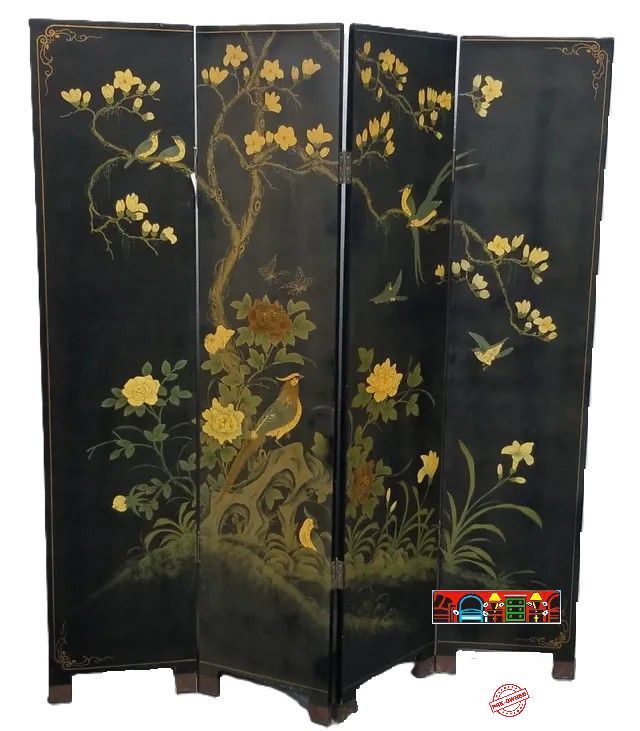 An oriental hand-painted screen, crafted from wood and featuring a black background with a painted tree and flowers, is available at Bratz-CFW in Fort Myers, FL.