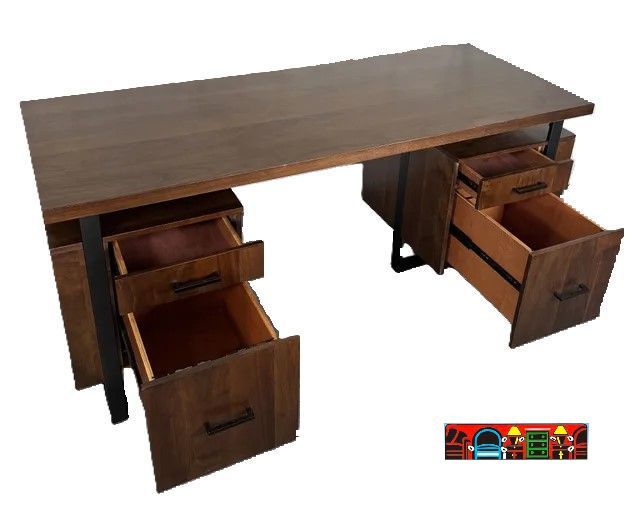 Description: Dark Wood executive desk with iron accents, 2 file drawers & 2 secretary drawers open