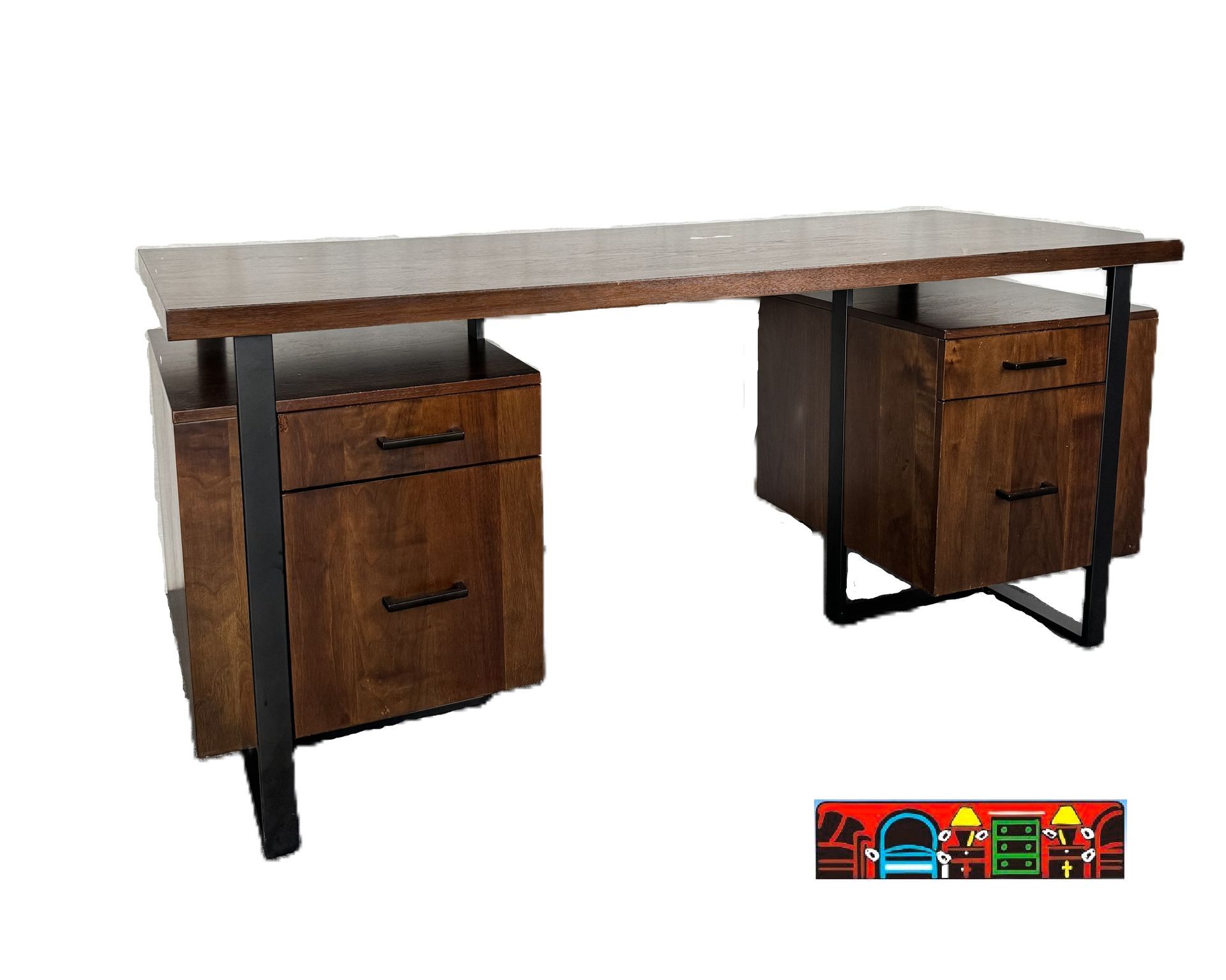 Dark Wood executive desk with iron accents, 2 file drawers & 2 secretary drawers.