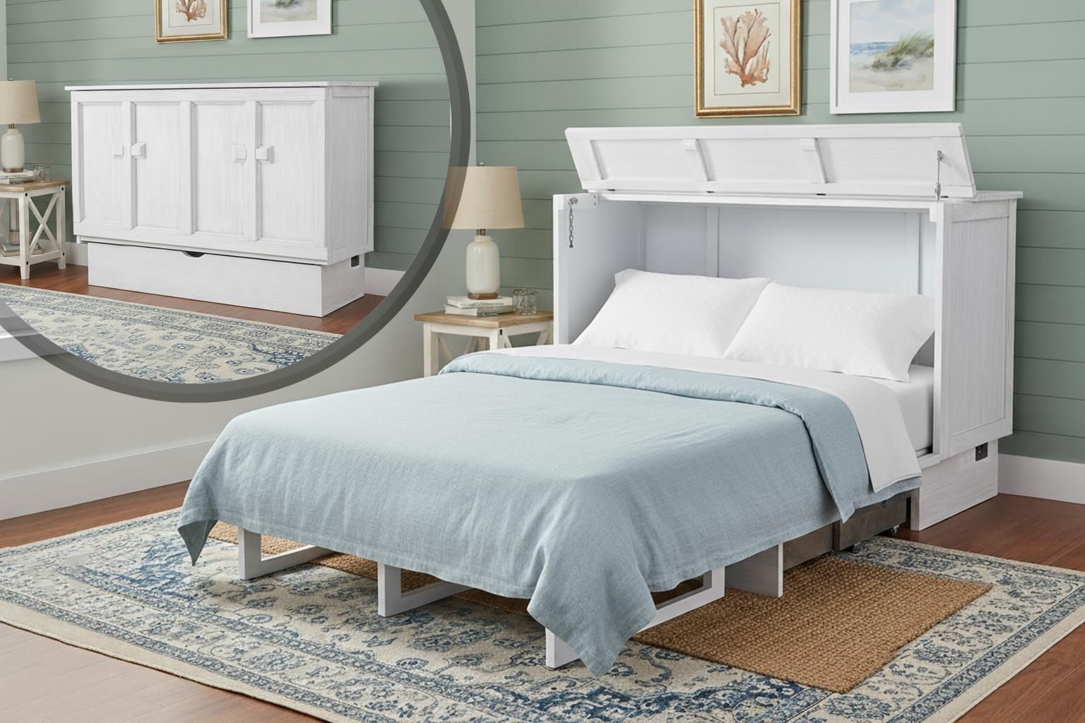 Weathered white wood cabinet bed with large square wooden decorative handles. Large drawer at the bottom.