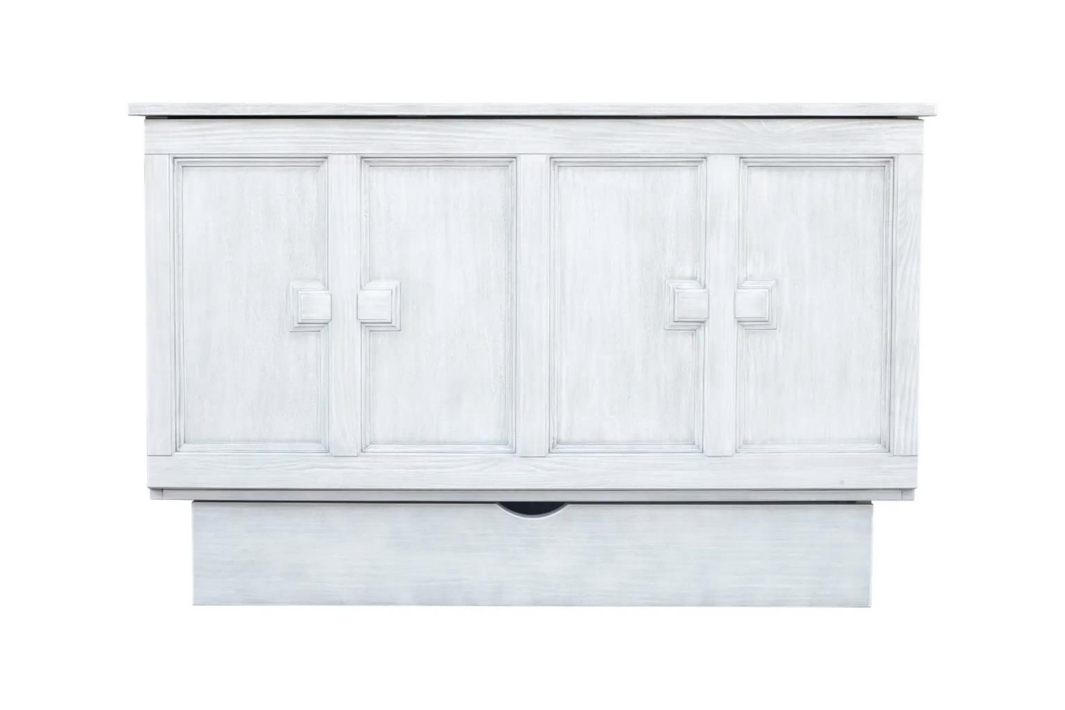 Weathered white wood cabinet bed with large square wooden decorative handles. Large drawer at the bottom. Front View.