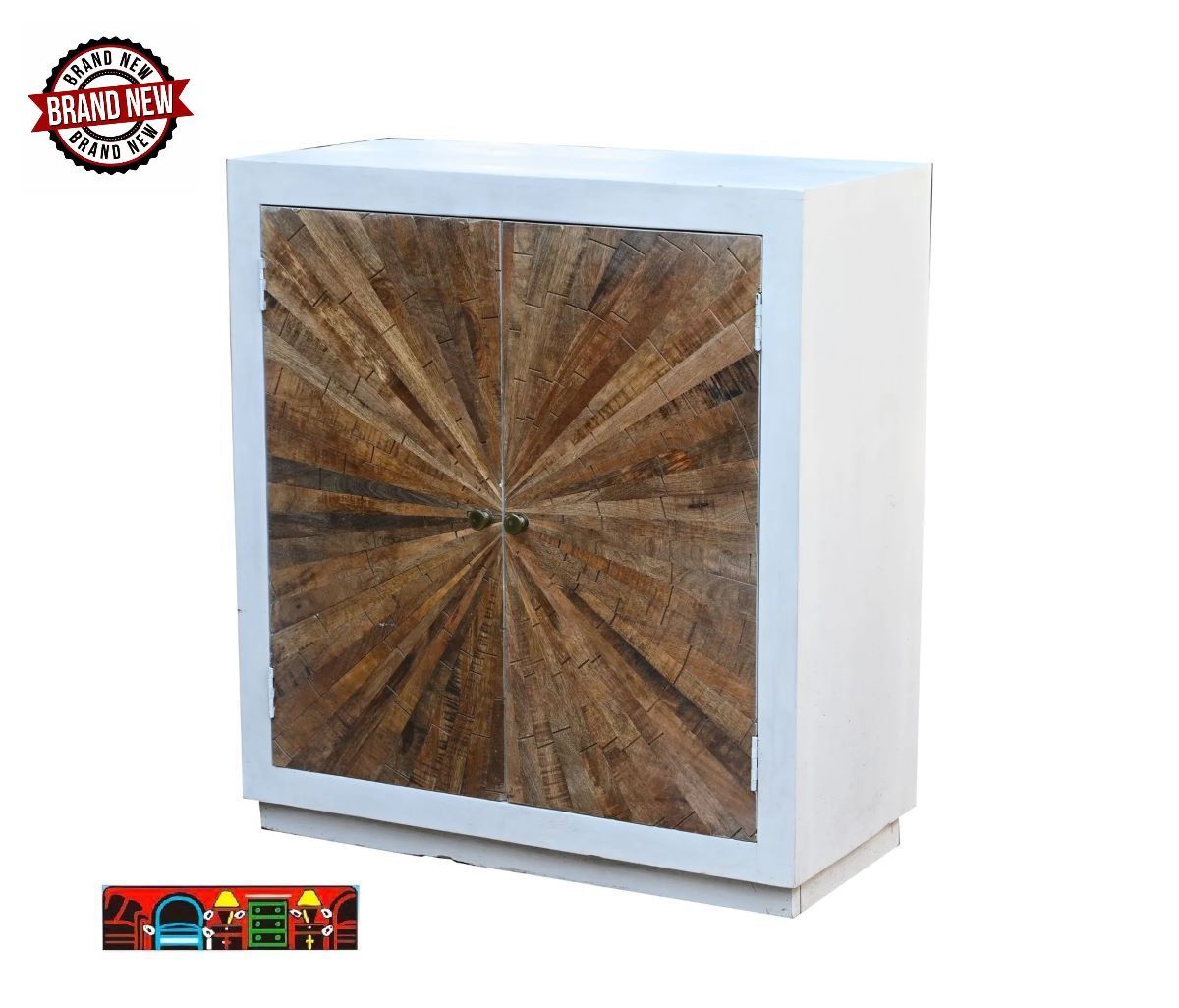 white 2 door cabinet with 2 brown wood carved front doors.