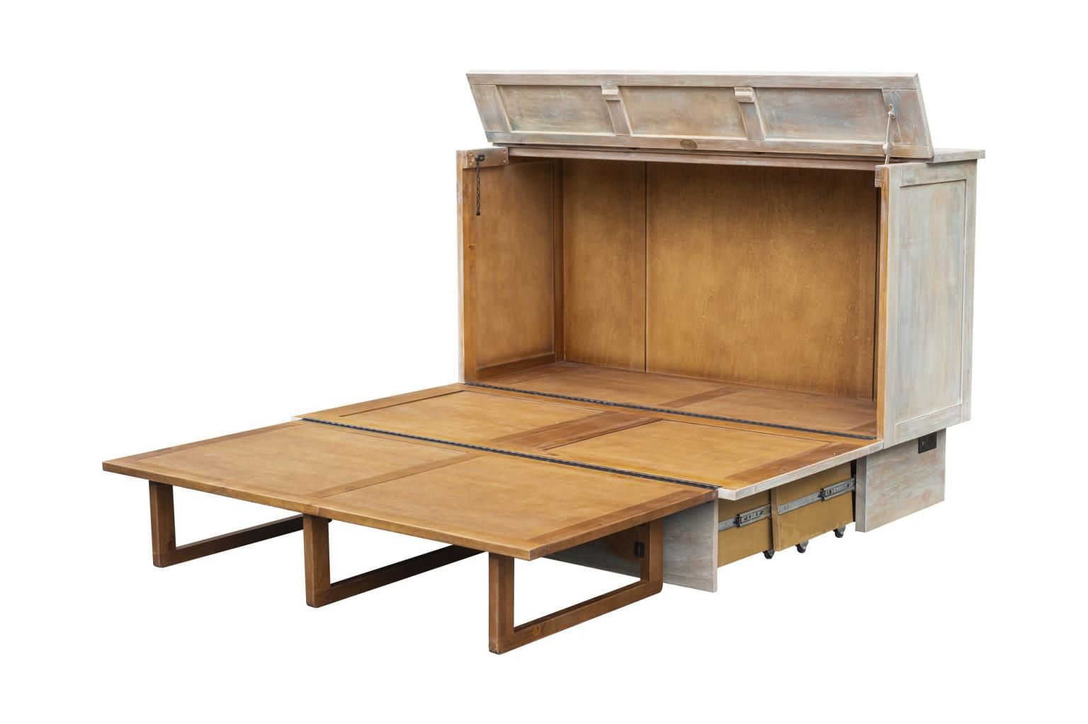 Multi-color cabinet bed with drawer on the bottom. Displayed open without the mattress.